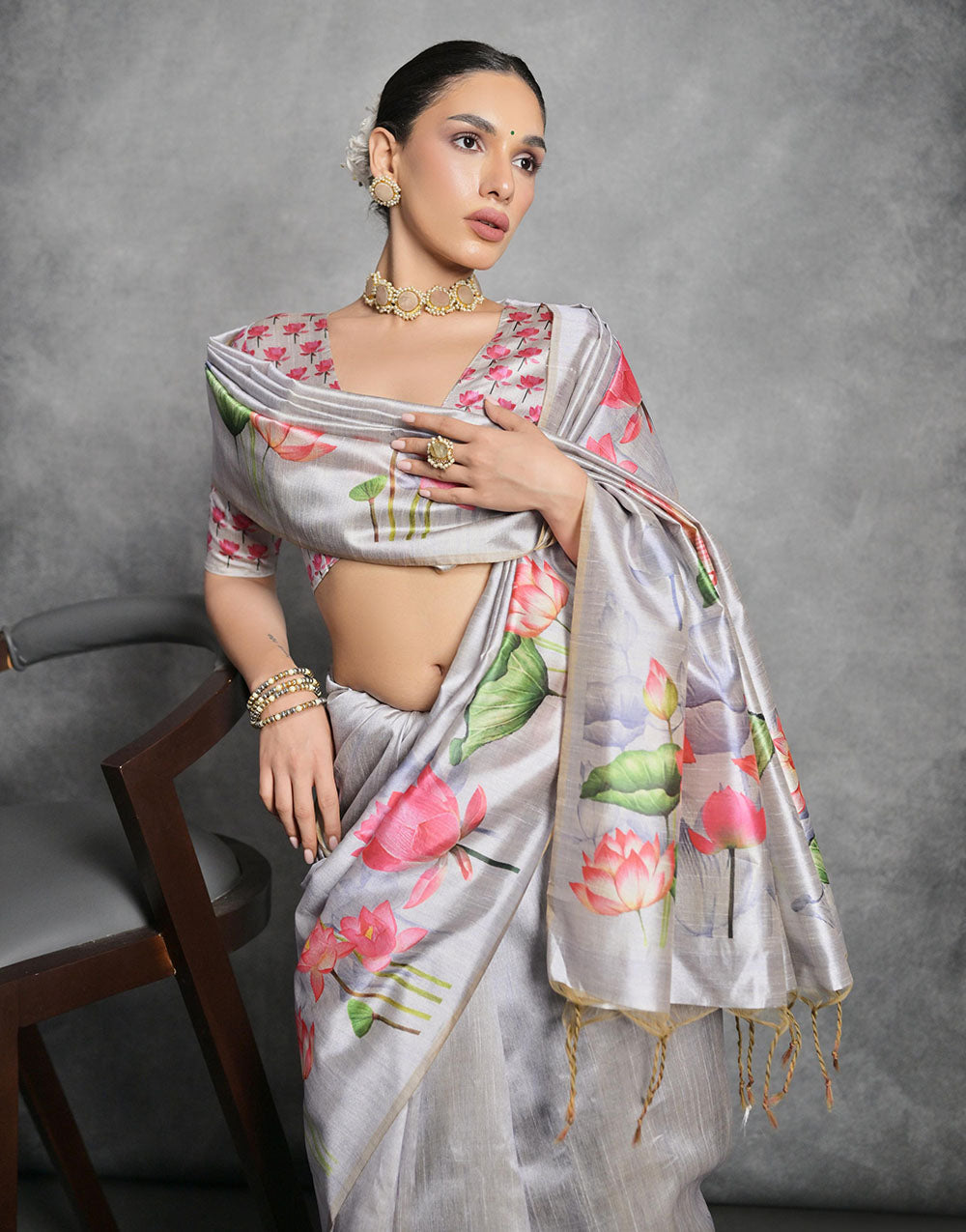 Glacier Gray Soft Tussar Silk Saree With Lotus Printed Work