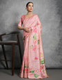 Pink Peach Soft Tussar Silk Saree With Lotus Printed Work