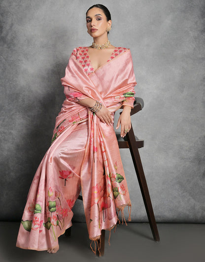 Pink Peach Soft Tussar Silk Saree With Lotus Printed Work