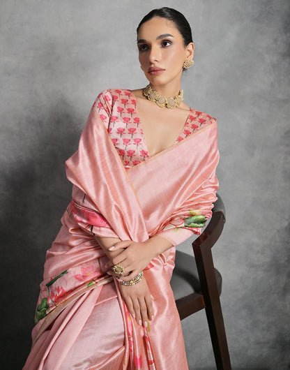 Pink Peach Soft Tussar Silk Saree With Lotus Printed Work