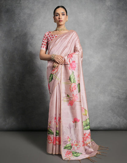 Pastel Pink Soft Tussar Silk Saree With Lotus Printed Work