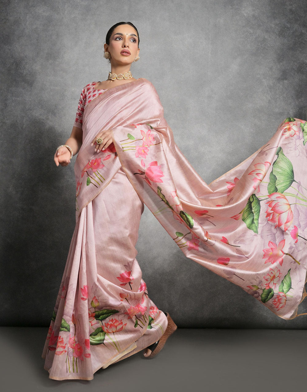 Pastel Pink Soft Tussar Silk Saree With Lotus Printed Work