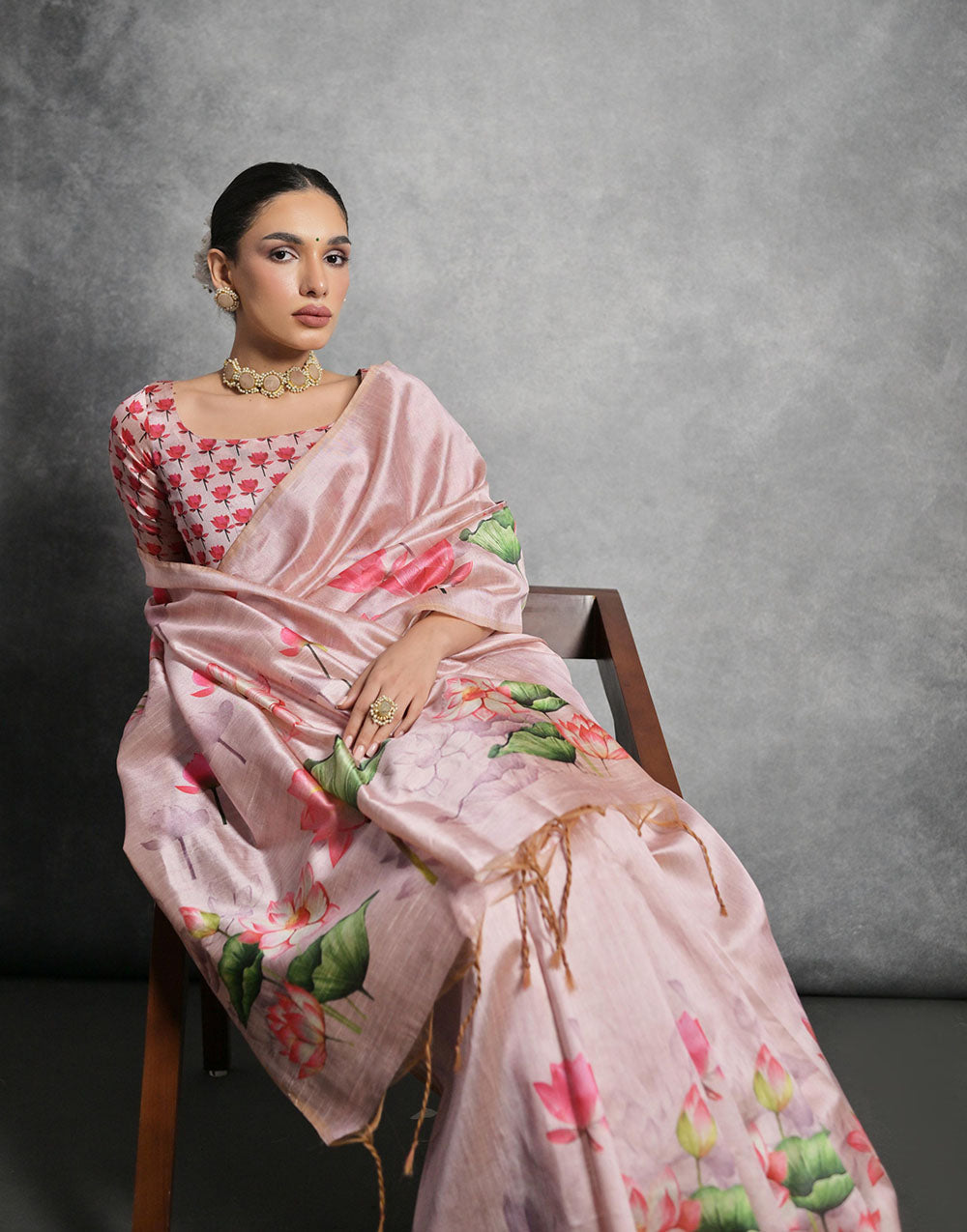 Pastel Pink Soft Tussar Silk Saree With Lotus Printed Work