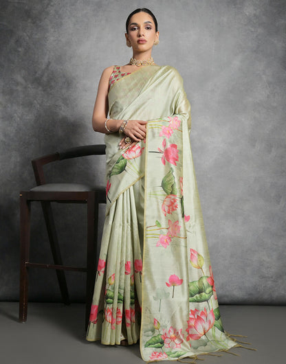 Mint Green Soft Tussar Silk Saree With Lotus Printed Work