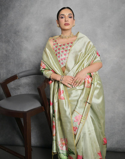 Mint Green Soft Tussar Silk Saree With Lotus Printed Work