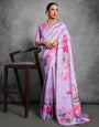 Bright Lavender Soft Tussar Silk Saree With Lotus Printed Work