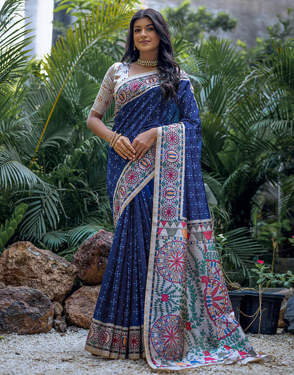 Dark Blue Tussar Silk Saree With Madhubani Printed Work