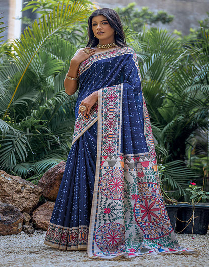 Dark Blue Tussar Silk Saree With Madhubani Printed Work