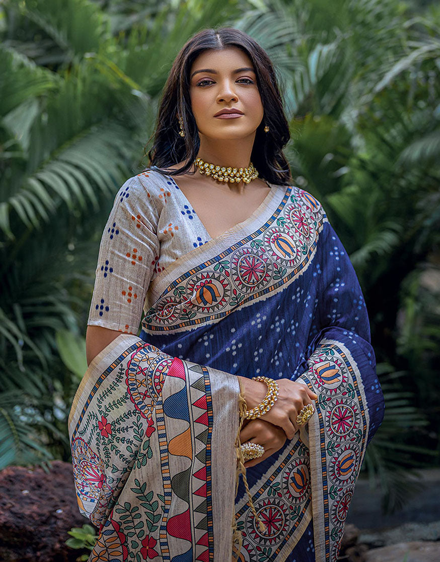 Dark Blue Tussar Silk Saree With Madhubani Printed Work