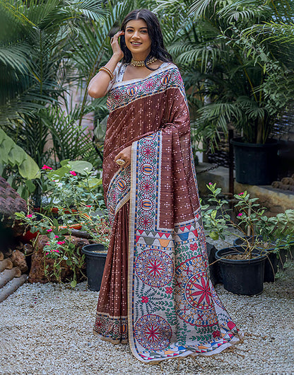 Chocolate Brown Tussar Silk Saree With Madhubani Printed Work