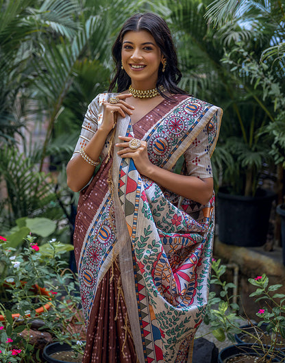 Chocolate Brown Tussar Silk Saree With Madhubani Printed Work