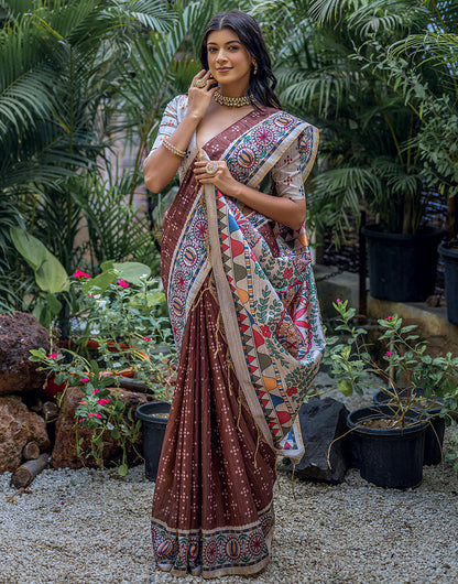 Chocolate Brown Tussar Silk Saree With Madhubani Printed Work