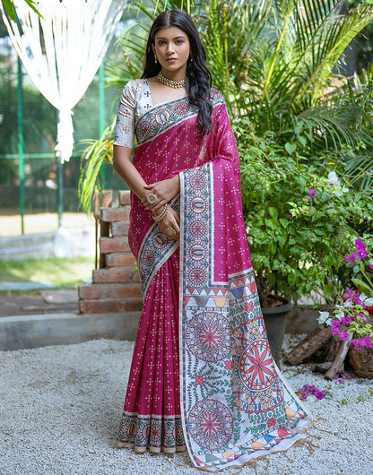 Rani Pink Tussar Silk Saree With Madhubani Printed Work