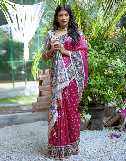 Rani Pink Tussar Silk Saree With Madhubani Printed Work