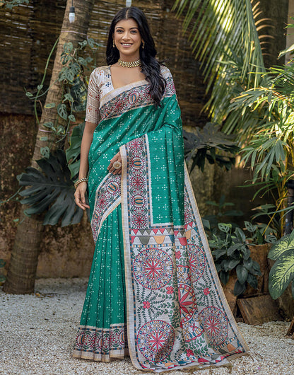 Teal Green Tussar Silk Saree With Madhubani Printed Work