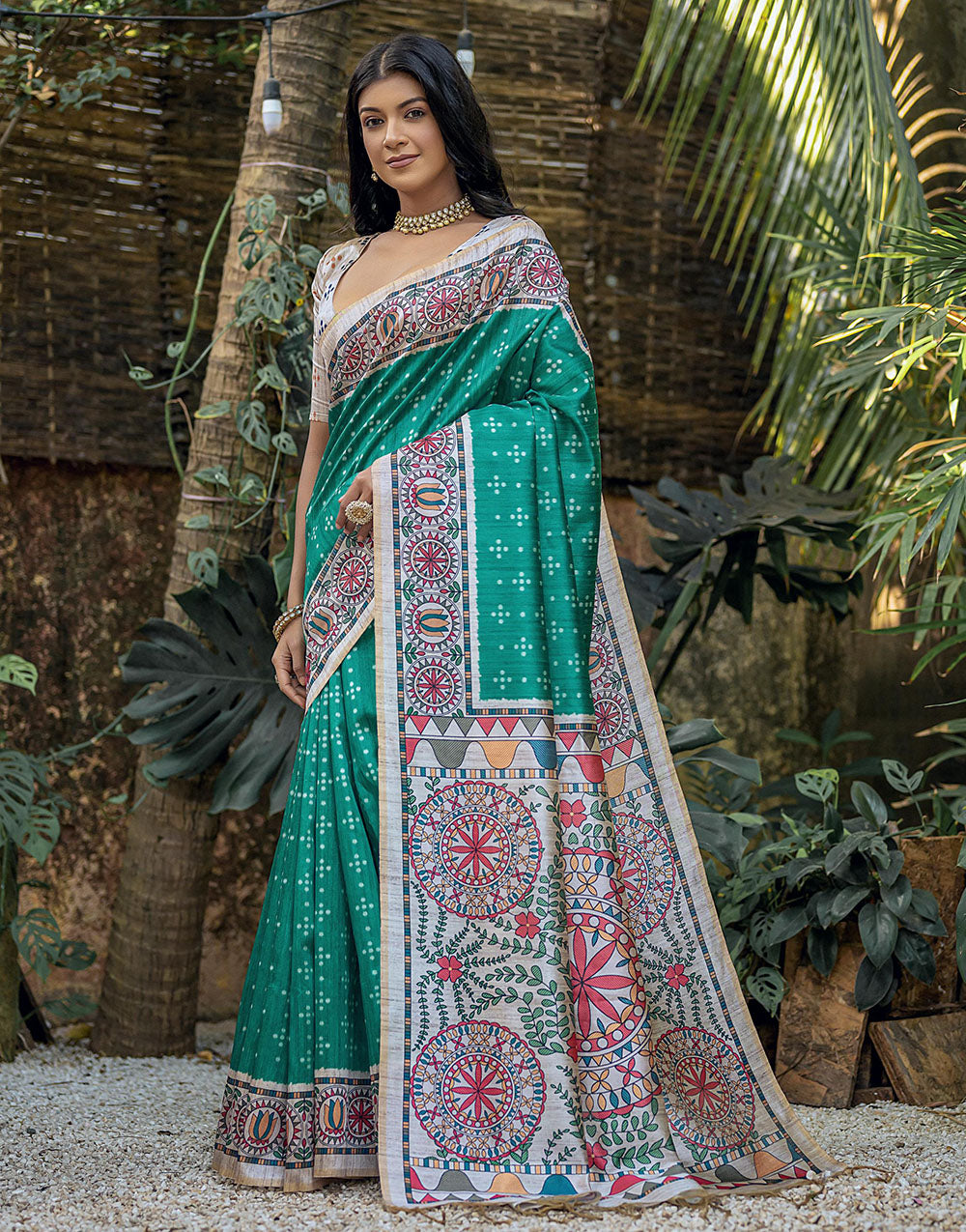 Teal Green Tussar Silk Saree With Madhubani Printed Work