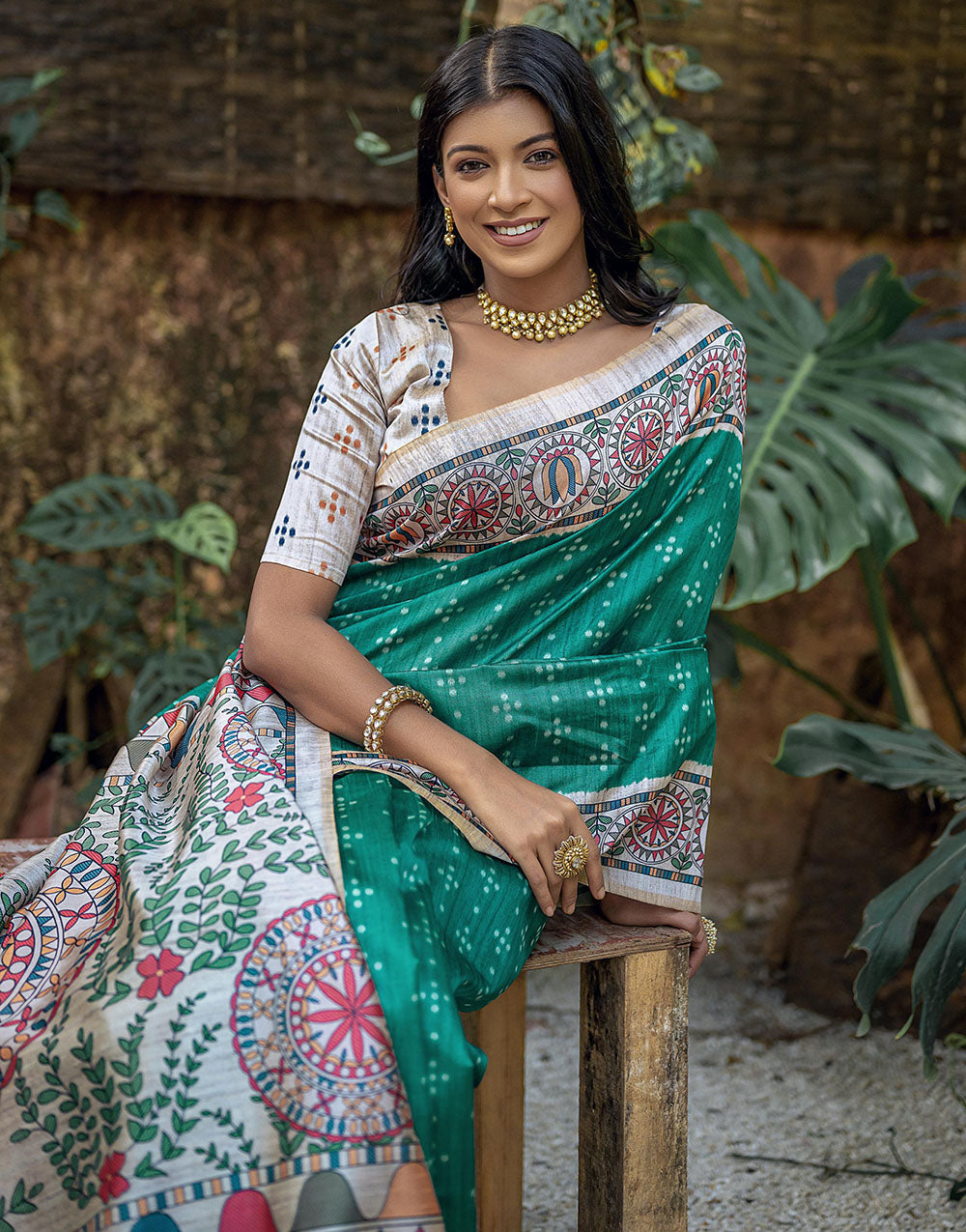 Teal Green Tussar Silk Saree With Madhubani Printed Work