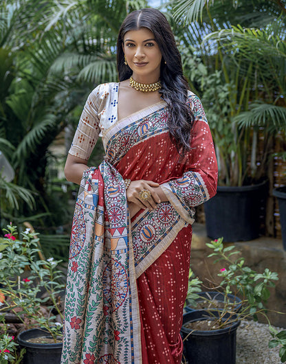 Royal Maroon Tussar Silk Saree With Madhubani Printed Work