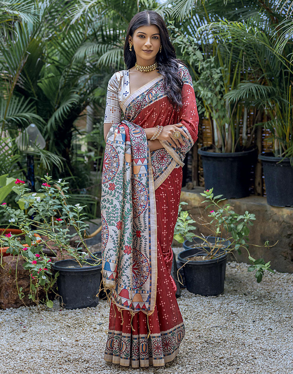 Royal Maroon Tussar Silk Saree With Madhubani Printed Work