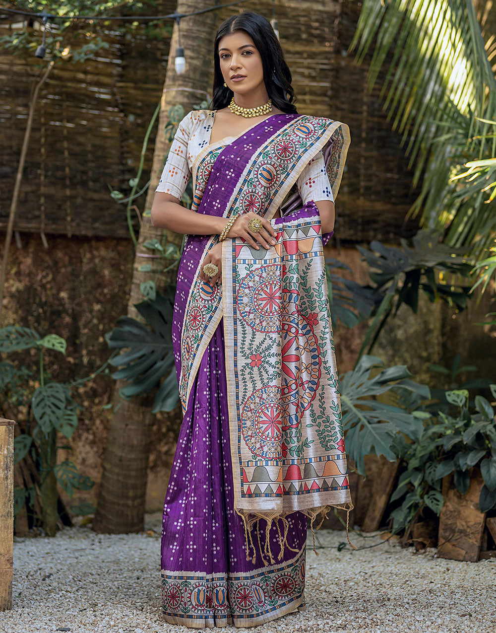 Royal Purple Tussar Silk Saree With Madhubani Printed Work