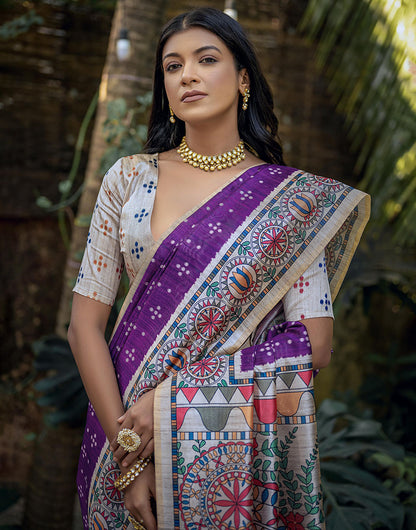 Royal Purple Tussar Silk Saree With Madhubani Printed Work