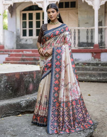 State Gray Soft Tussar Silk Saree With Printed Work