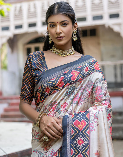 State Gray Soft Tussar Silk Saree With Printed Work