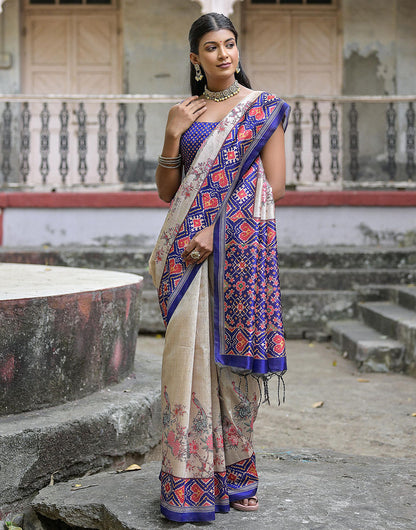 Dark Navy Blue Soft Tussar Silk Saree With Printed Work