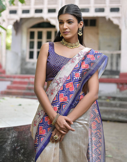 Dark Navy Blue Soft Tussar Silk Saree With Printed Work