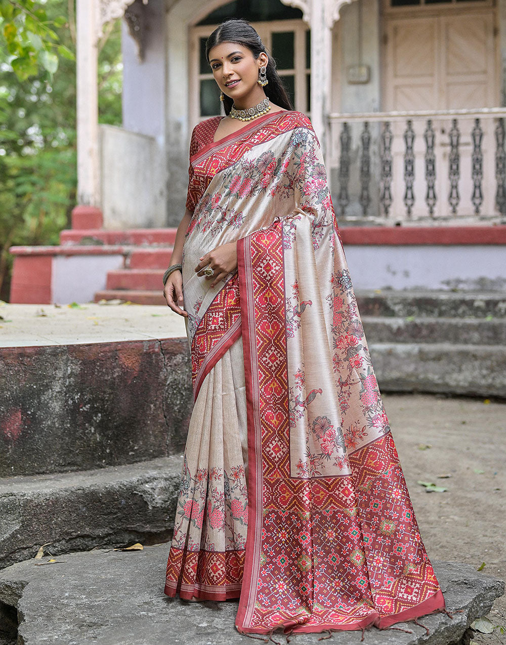 Pastel Maroon Soft Tussar Silk Saree With Printed Work