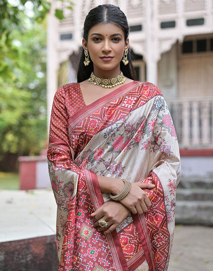 Pastel Maroon Soft Tussar Silk Saree With Printed Work