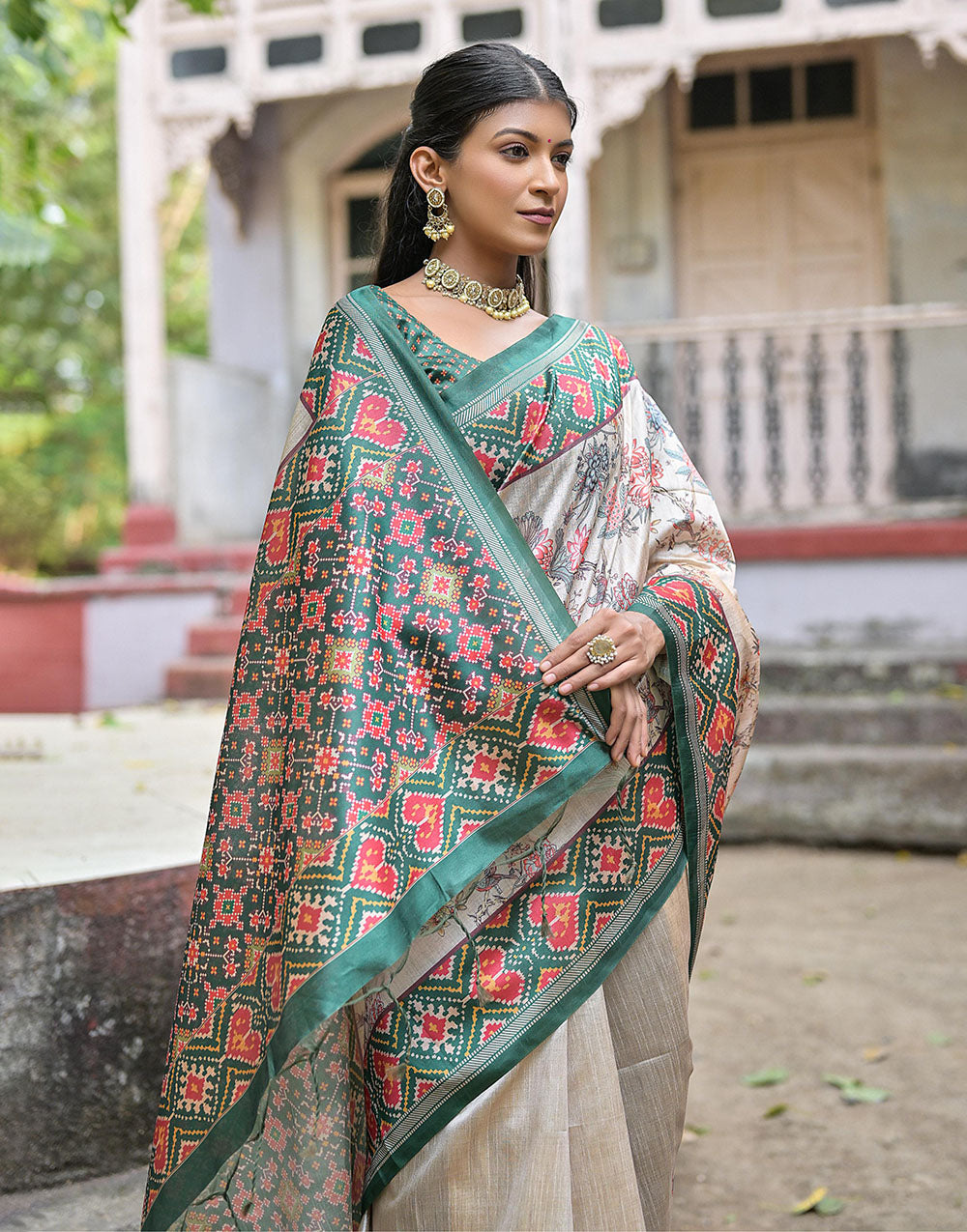 Castleton Green Soft Tussar Silk Saree With Printed Work