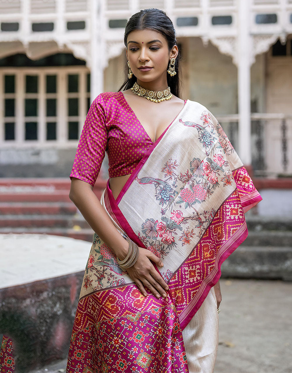 Rani Pink Soft Tussar Silk Saree With Printed Work