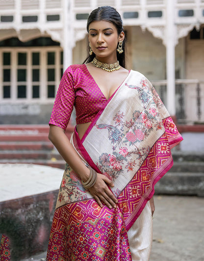 Rani Pink Soft Tussar Silk Saree With Printed Work