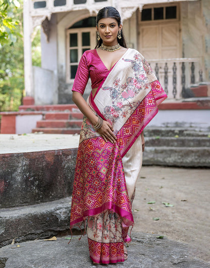 Rani Pink Soft Tussar Silk Saree With Printed Work