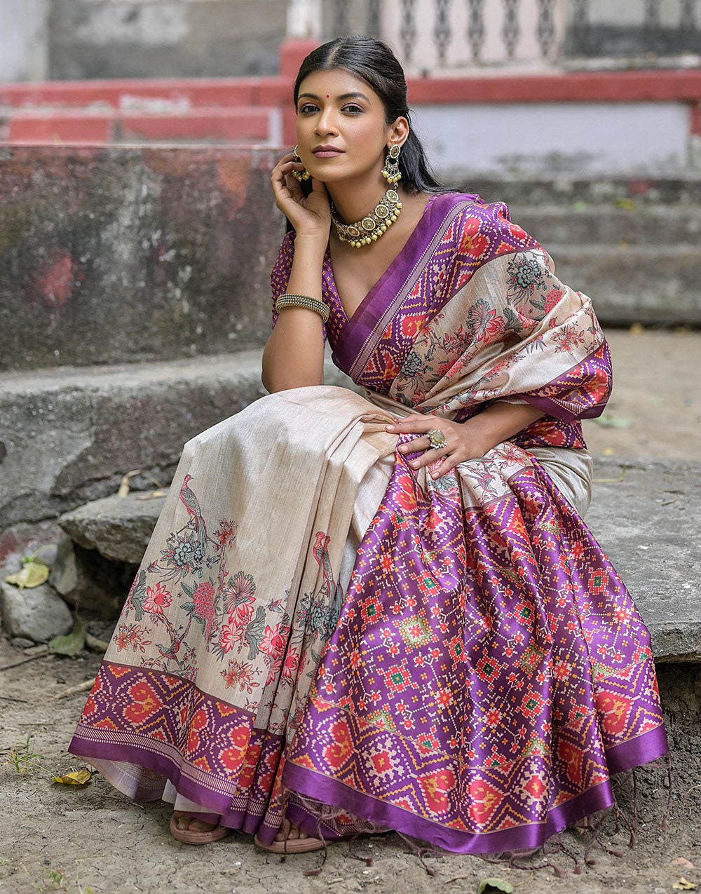 Purple Soft Tussar Silk Saree With Printed Work