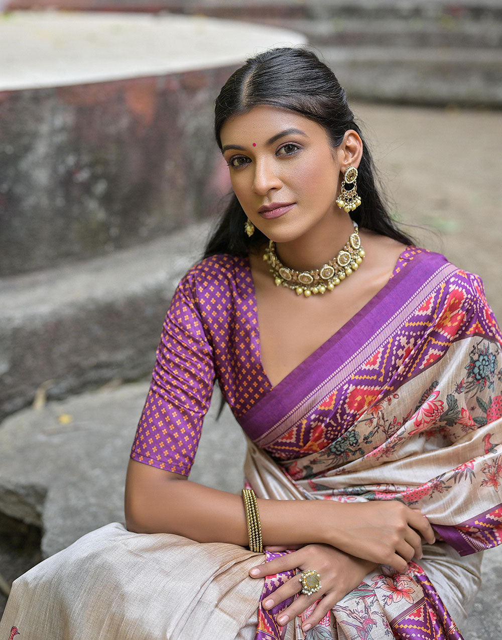 Purple Soft Tussar Silk Saree With Printed Work