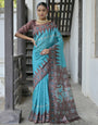 Sky Blue & Brown Soft Tussar Silk Saree With Ikkat Printed Work