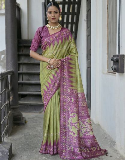 Olive Green & Grape Purple Soft Tussar Silk Saree With Ikkat Printed Work