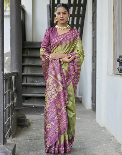 Olive Green & Grape Purple Soft Tussar Silk Saree With Ikkat Printed Work