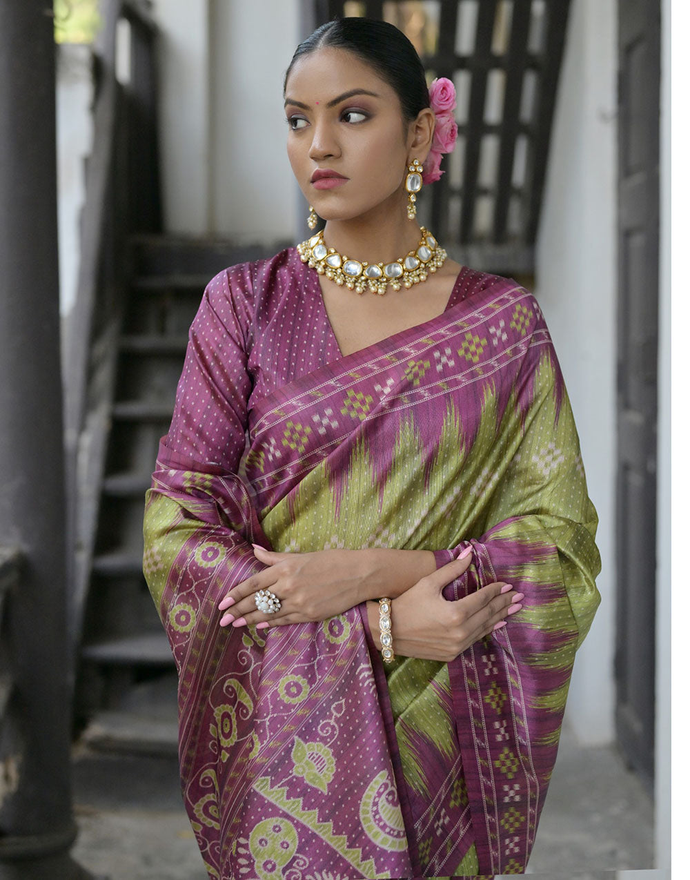 Olive Green & Grape Purple Soft Tussar Silk Saree With Ikkat Printed Work