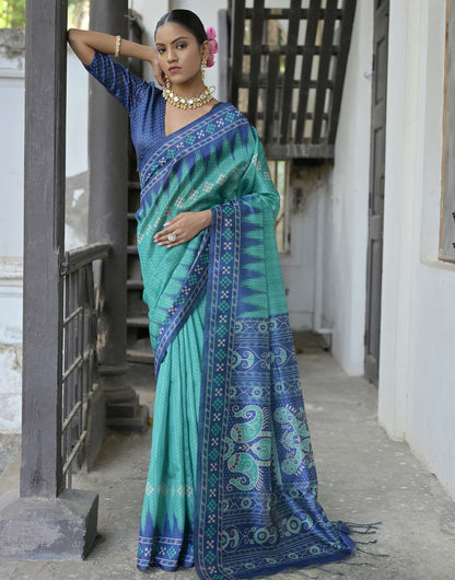 Teal Blue Soft Tussar Silk Saree With Ikkat Printed Work