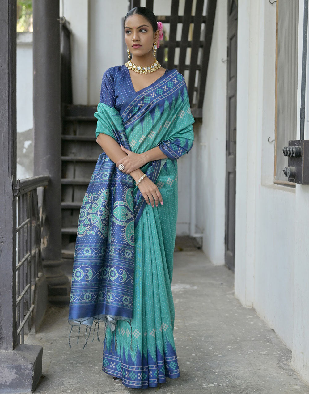 Teal Blue Soft Tussar Silk Saree With Ikkat Printed Work