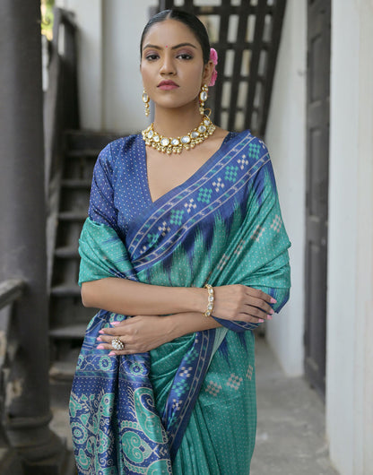 Teal Blue Soft Tussar Silk Saree With Ikkat Printed Work