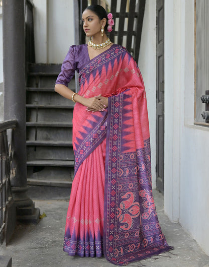 Punch Pink & Iris Purple Soft Tussar Silk Saree With Ikkat Printed Work