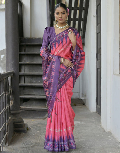 Punch Pink & Iris Purple Soft Tussar Silk Saree With Ikkat Printed Work