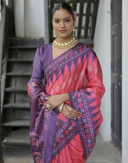 Punch Pink & Iris Purple Soft Tussar Silk Saree With Ikkat Printed Work