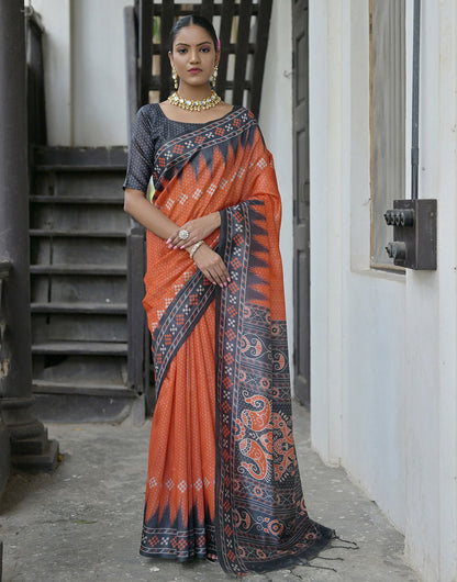 Orange & Iron Gray Soft Tussar Silk Saree With Ikkat Printed Work