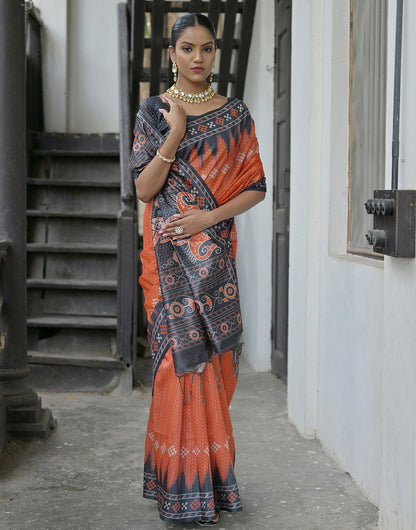 Orange & Iron Gray Soft Tussar Silk Saree With Ikkat Printed Work