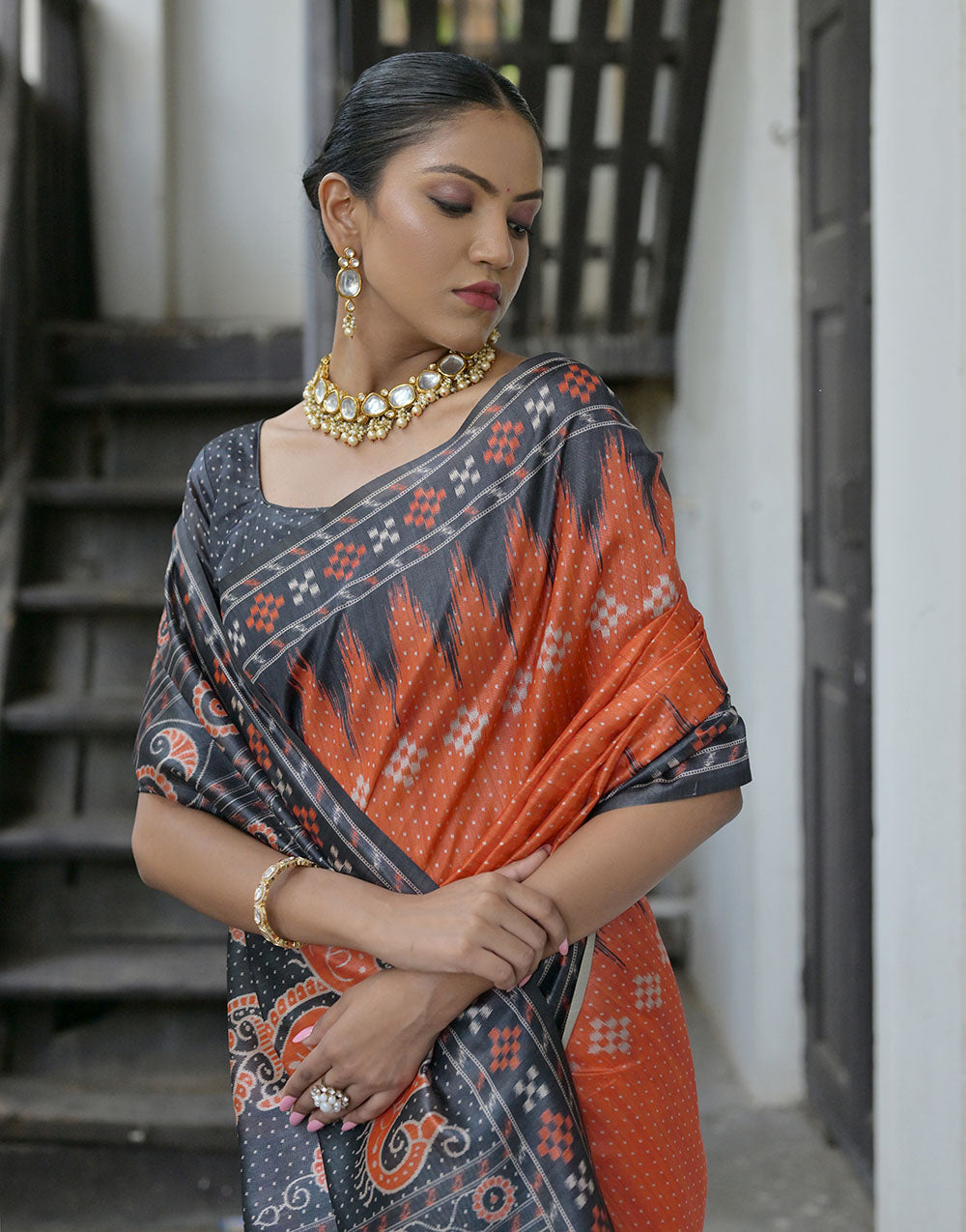 Orange & Iron Gray Soft Tussar Silk Saree With Ikkat Printed Work